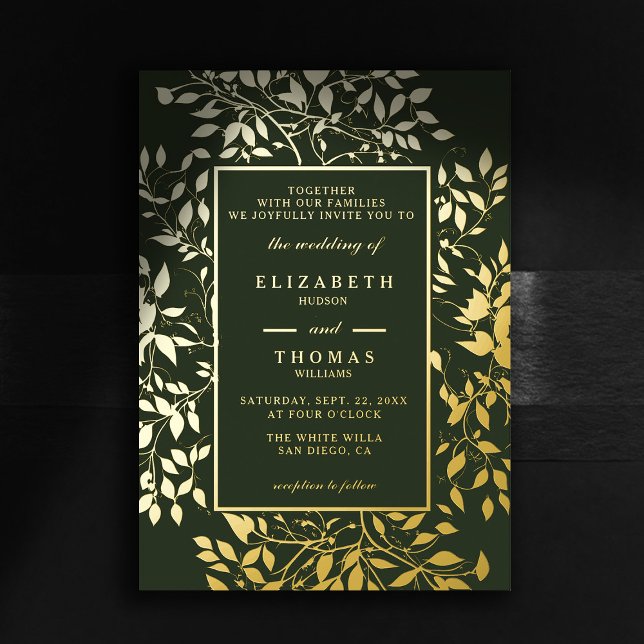 Invitation En Aluminium Moody Forest Botanical Gold Mariage classique mode (moody forest wedding invitation botanical frame green gold elegant modern classic woodland fairy)