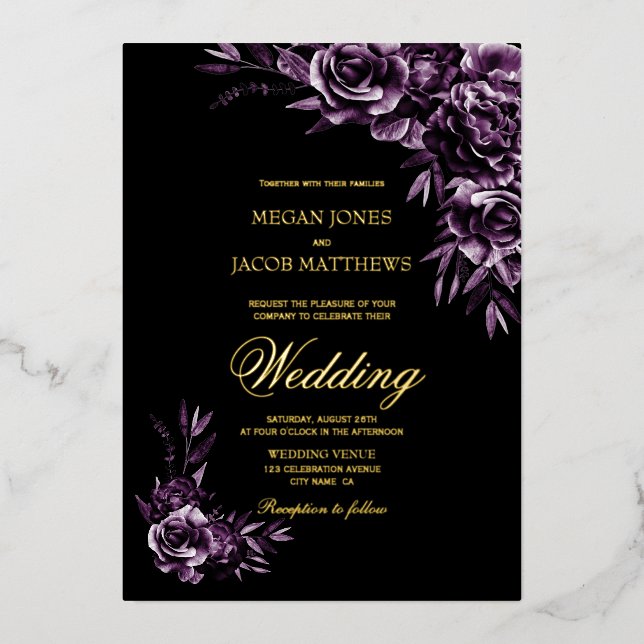 Invitation En Aluminium Moody Purple Floral Gold Mariage texte (Recto)