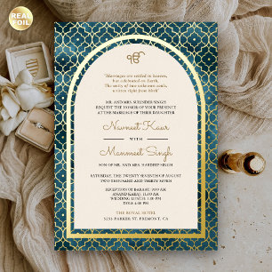 Invitation En Aluminium Motif bleu marocain Sikh Arch Mariage or