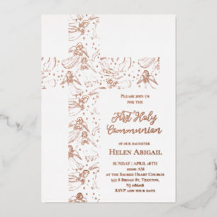 Invitation En Aluminium motif d'anges en or rose croix Première Communion