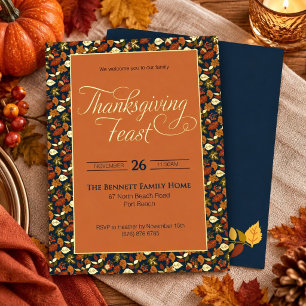 Invitation En Aluminium Motif de feuille festive Thanksgiving Navy & Or
