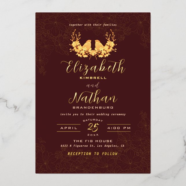 Invitation En Aluminium Motif floral de luxe en Bourgogne et or (Recto)