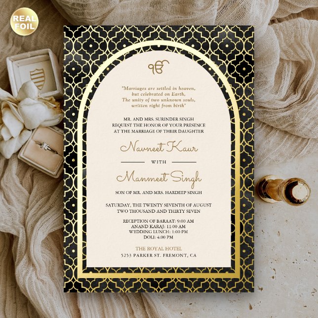 Invitation En Aluminium Motif marocain noir Sikh Arch Mariage or (Créateur téléchargé)