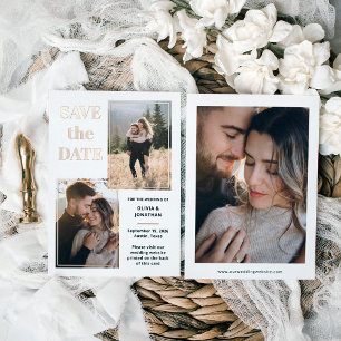 Invitation En Aluminium Multiphoto   Blanc et Rose Gold Enregistrer la dat