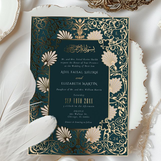 Invitation En Aluminium Musulman Turquoise & Gold Foil Accents Mariage (Créateur téléchargé)