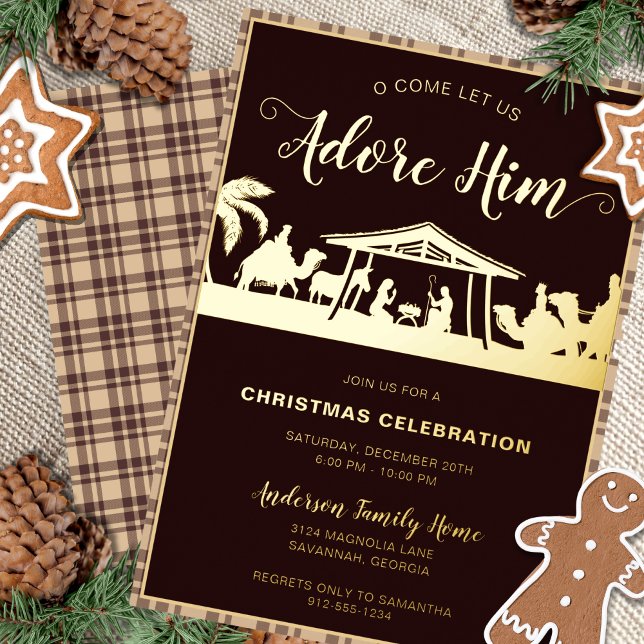 Invitation En Aluminium Nativité Brown et or Fête religieuse de Noël (Real gold foil, religious Christmas party invitation with a rustic calligraphy script and nativity.)
