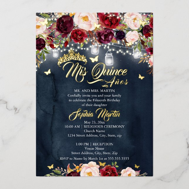 Invitation En Aluminium Navire Bourgogne Rustique Floral Butterfly Quincea (Recto)