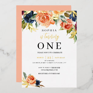 Invitation En Aluminium Navy Abricot Floral Automne Fille 1ère Anniversair