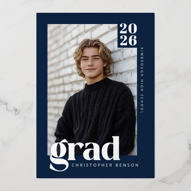 Invitation En Aluminium Navy Blue 2026 Graduate 4 Photo Graduation Silver (Recto)