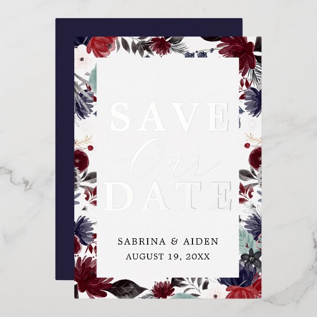 Invitation En Aluminium Navy Blue Burgundy Fleurs Mariage Save The Date (Recto/Verso)