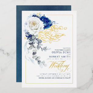 Invitation En Aluminium Navy Blue & Fleurs Blanches Mariage Bohème Élégant