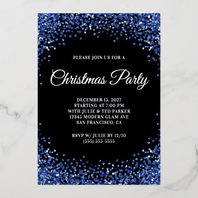 Invitation En Aluminium Navy Blue Glitter Border Black Christmas Party (Recto)