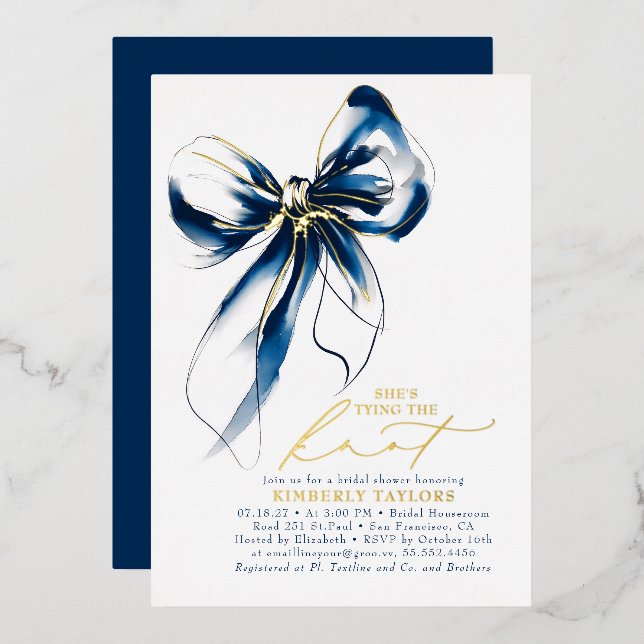 Invitation En Aluminium Navy Blue Gold Bow Elegant Whimsical Bridal Shower (Recto/Verso)