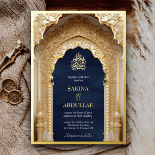 Invitation En Aluminium Navy Blue Musulmane Mariage Islamique Royale Or