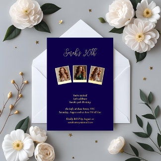 Invitation En Aluminium Navy Blue & Or Foil Photo 30e Anniversaire 