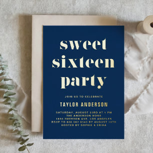 Invitation En Aluminium Navy Blue Retro Bold Typographie Sweet 16 Annivers