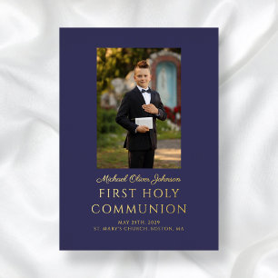 Invitation En Aluminium Navy Blue Script Photo Boy First Holy Communion