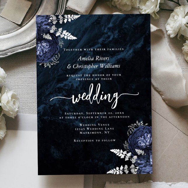 Invitation En Aluminium Navy Blue Silver Floral Elegant Wedding (Créateur téléchargé)