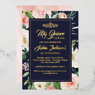 Invitation En Aluminium Navy Blush Or Aquarelle Florale Quinceanera