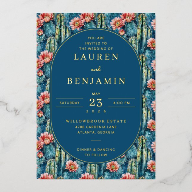 Invitation En Aluminium Navy botanique joyeux Cactus et Fleurs (Recto)
