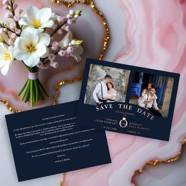 Invitation En Aluminium Navy Elegant Rose Gold 2 Photos Sophisticated  (Navy Elegant Rose Gold 2 Photos Sophisticated Wedding Real Metallic Foil Save the Cards.)