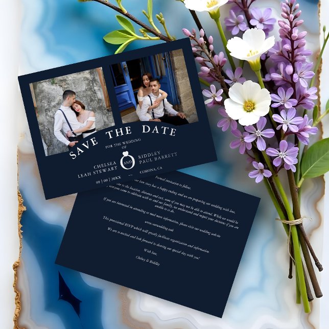 Invitation En Aluminium Navy Elegant Silver 2 Photos Sophisticated Wedding (Navy Elegant Silver 2 Photos Sophisticated Wedding Real Metallic Foil Save the Cards.)