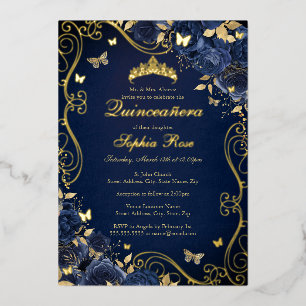 Invitation En Aluminium Navy Floral Or Swirl Papillon Quinceanera en Or