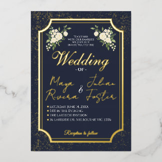 Invitation En Aluminium Navy Gold Glitter White Floral Photo Wedding
