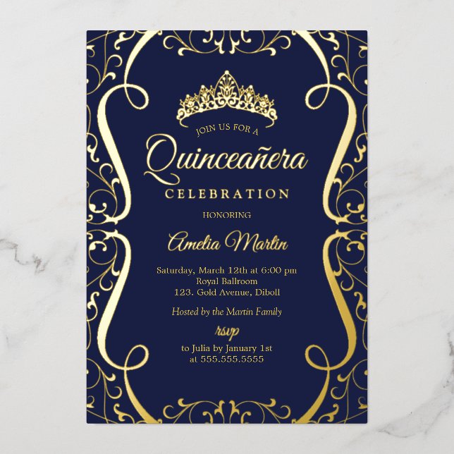 Invitation En Aluminium Navy Gold Swirl Elegant Quinceanera  (Recto)