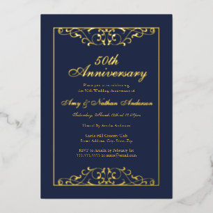 Invitation En Aluminium Navy Or Dor Tourbillon 50e Anniversaire De Mariage