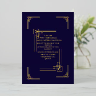Invitation En Aluminium Navy & Or Élégant Décor Art Déco Personnalisé