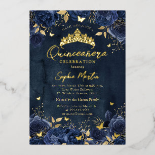 Invitation En Aluminium Navy Or Envoûtant Papillon Floral Quinceanera