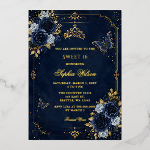 Invitation En Aluminium Navy Or Fleur Papillon Douce 16