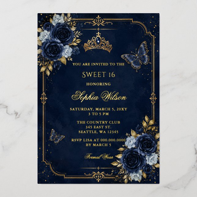 Invitation En Aluminium Navy Or Fleur Papillon Douce 16 (Recto)