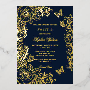 Invitation En Aluminium Navy Or Floral Papillon Douce 16