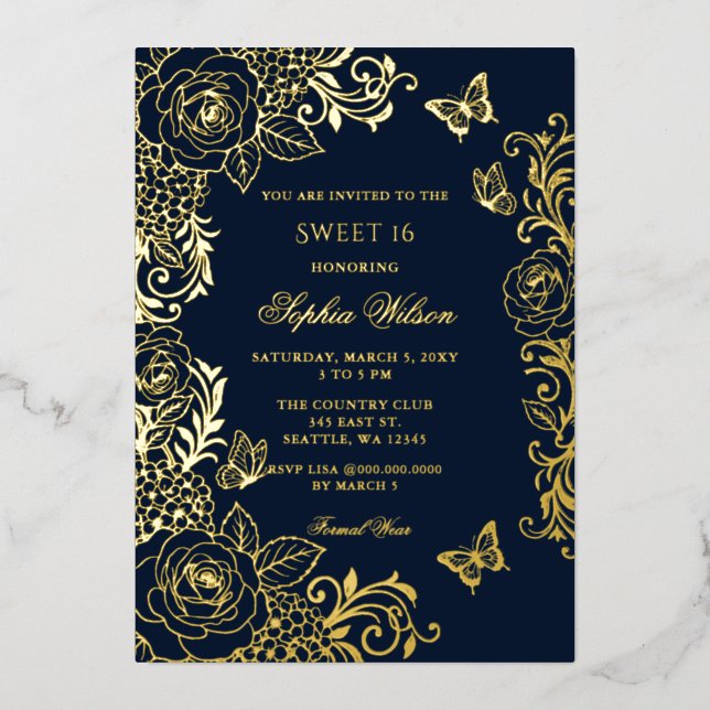 Invitation En Aluminium Navy Or Floral Papillon Douce 16 (Recto)