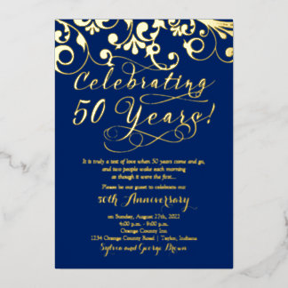 Invitation En Aluminium Navy Real Gold 50e Anniversaire de Mariage