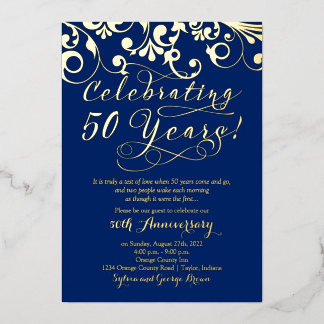 Invitation En Aluminium Navy Real Gold 50e Anniversaire de Mariage (Recto)