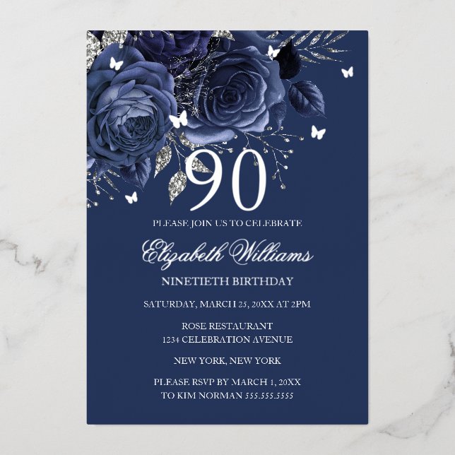 Invitation En Aluminium Navy Silver Rose Butterfly 90th Birthday  (Recto)