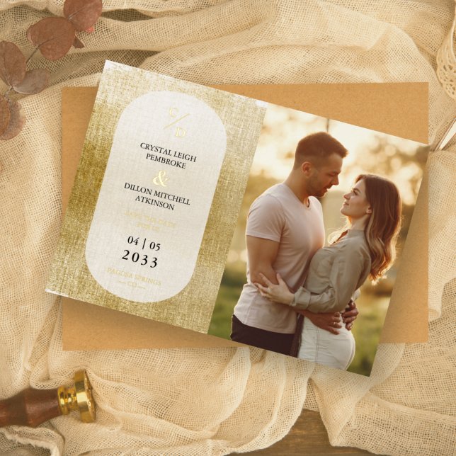 Invitation En Aluminium Nice Golden Textured Effet Mariage Initiales Photo (Créateur téléchargé)