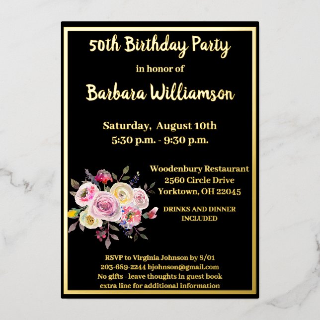 Invitation En Aluminium N'importe quel âge Anniversaire Noir VRAI Or (Recto)