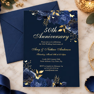 Invitation En Aluminium Noces de mariage 50 ans Floral Navy Or