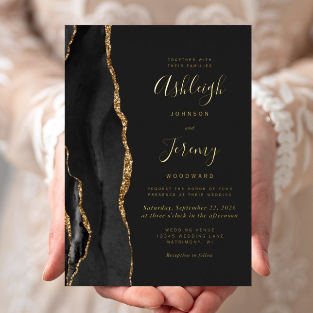 Invitation En Aluminium Noces modernes Agate Or noir (Créateur téléchargé)