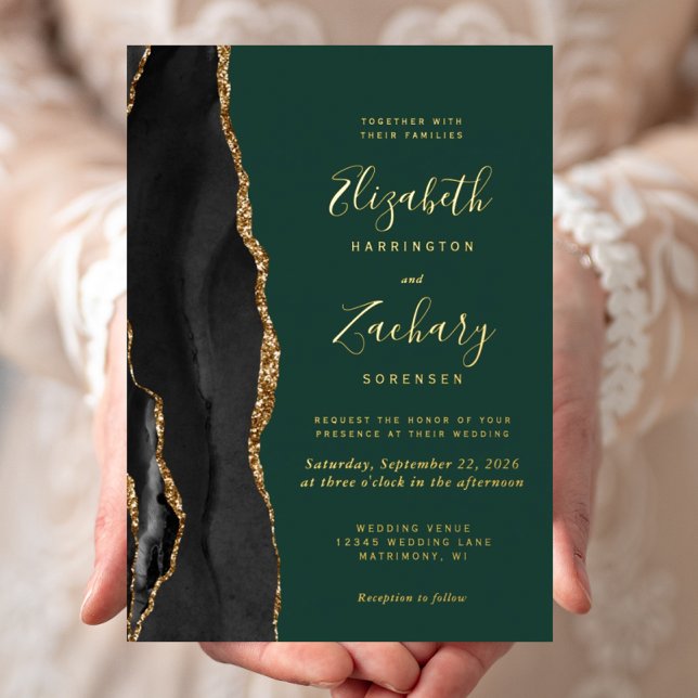 Invitation En Aluminium Noces Or Noir Agate Émeraude Vert (Créateur téléchargé)