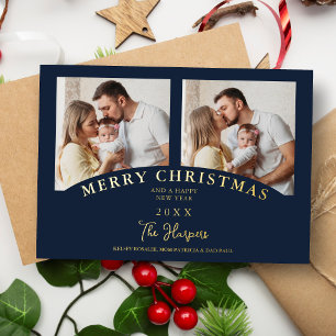 Invitation En Aluminium Noël Chic Luxe Moderne Marine 2 Photos Famille