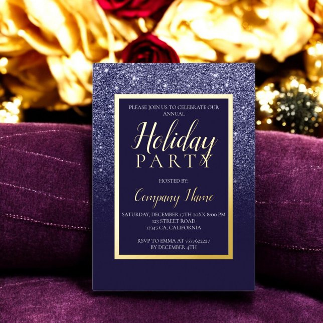 Invitation En Aluminium Noël d'entreprise glitter or marine (Navy glitter gold business corporate Christmas Foil Invitation)
