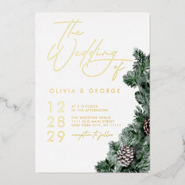 Invitation En Aluminium Noël Épines de pin Mariage Fêtes d'hiver (Recto)