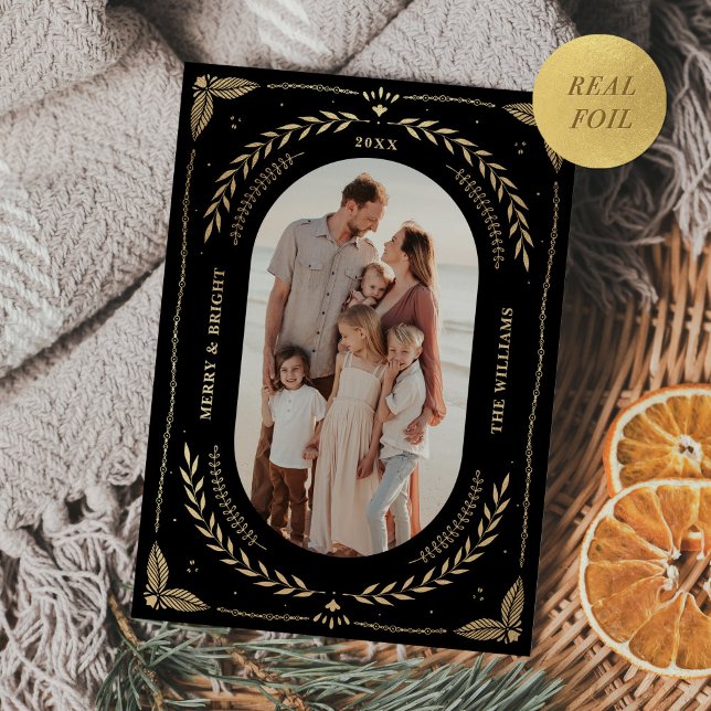 Invitation En Aluminium Noël Folk Art Holiday Photo Black Gold (Créateur téléchargé)