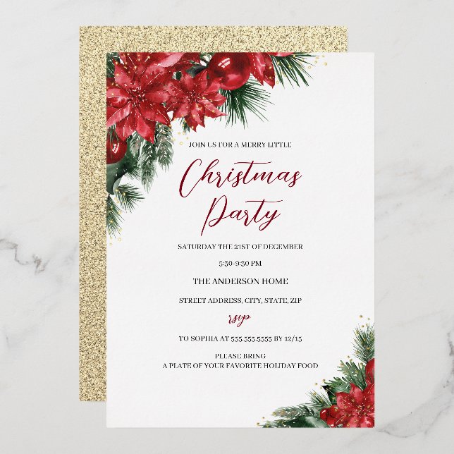 Invitation En Aluminium Noël Gold Red Festive Foliage Party (Recto/Verso)
