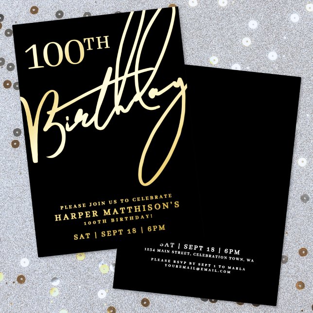 Invitation En Aluminium Noir 100e Anniversaire Or (Black 100th Birthday Gold Foil Invitation )